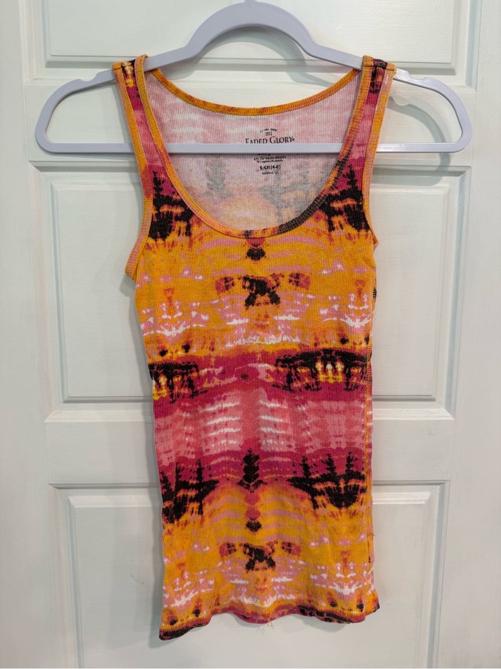 Faded Glory Ribbed Tank Top Small Pink Orange Boho Abstract Print Stretch
